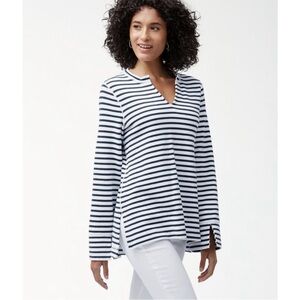 Tommy Bahama Womens Aruba White Blue Striped Tunic Shirt V Neck Ocean Blue Sz S